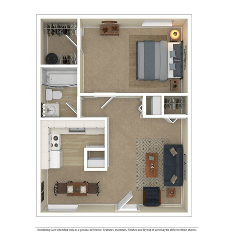the floor plan of a furnished one bedroom apartment
